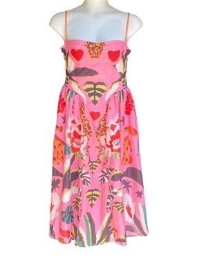 Nice To Meet You Floral Heart Tropical Print Pink Midi Dress Womens Size Large